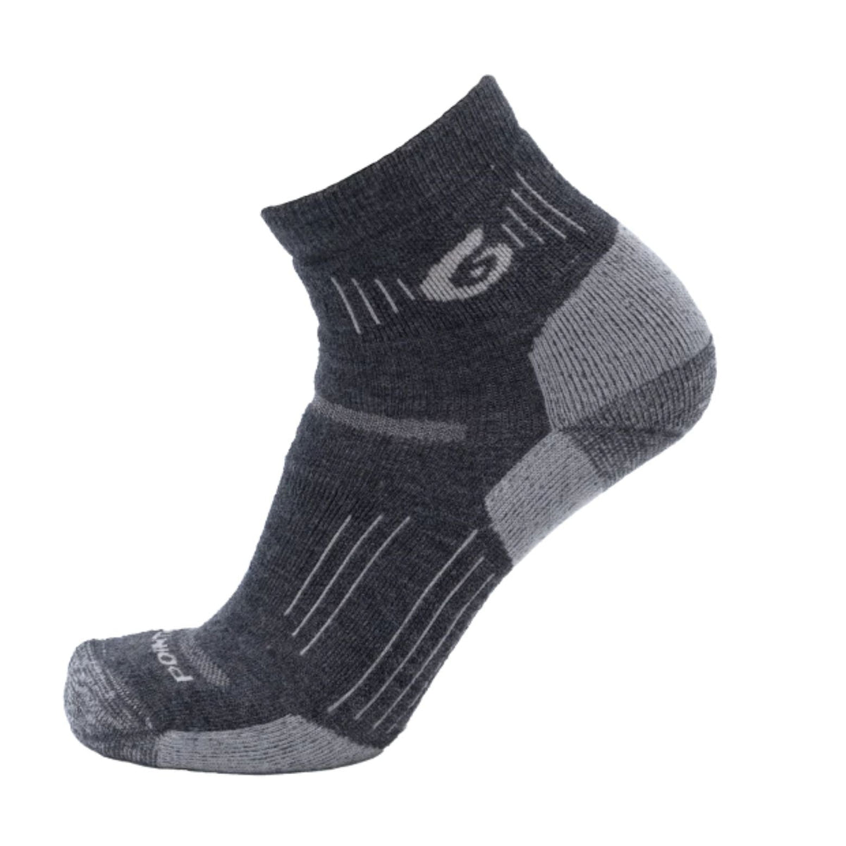 Gray ankle sock with a brand logo on a white background