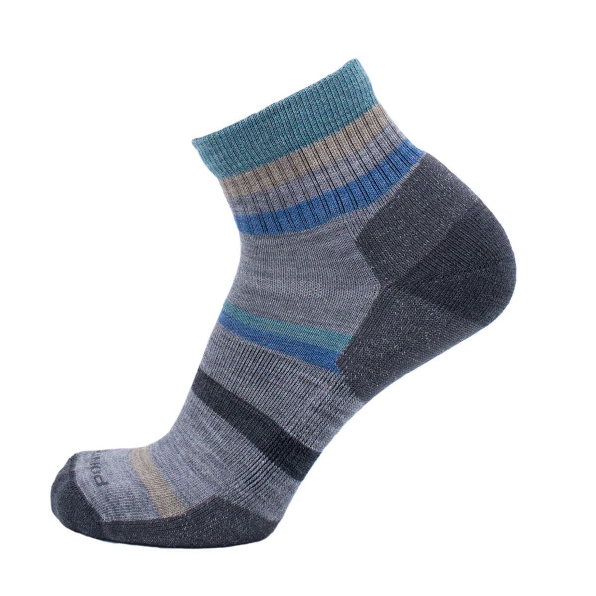 Gray ankle sock with blue accents on a white background