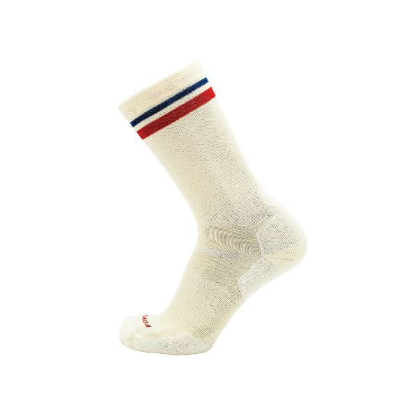 Beige sock with red and blue stripes on a white background