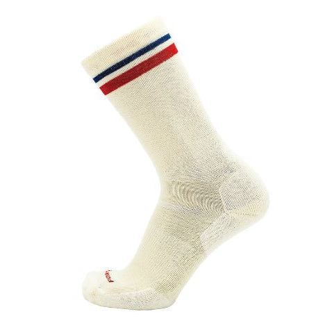 Beige sock with red and blue stripes on a white background