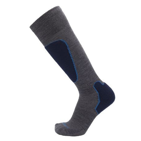 Gray knee-high sock with blue accents on a white background