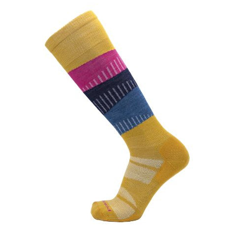 Colorful sock with yellow, pink, and blue pattern on a white background