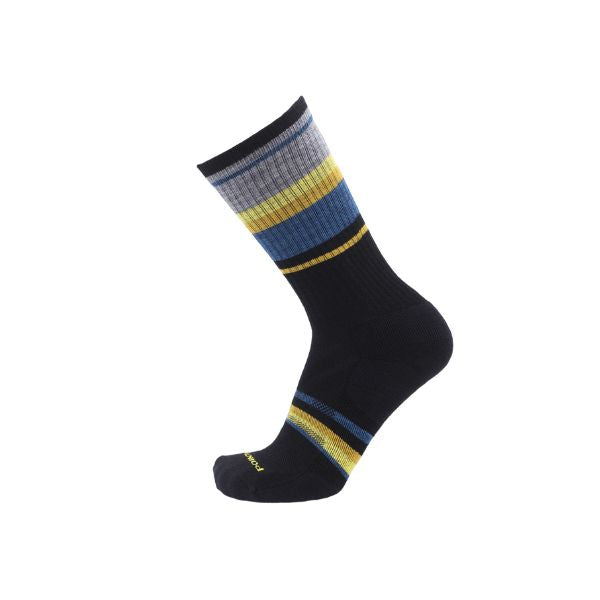 Black sock with multicolored stripes on a white background