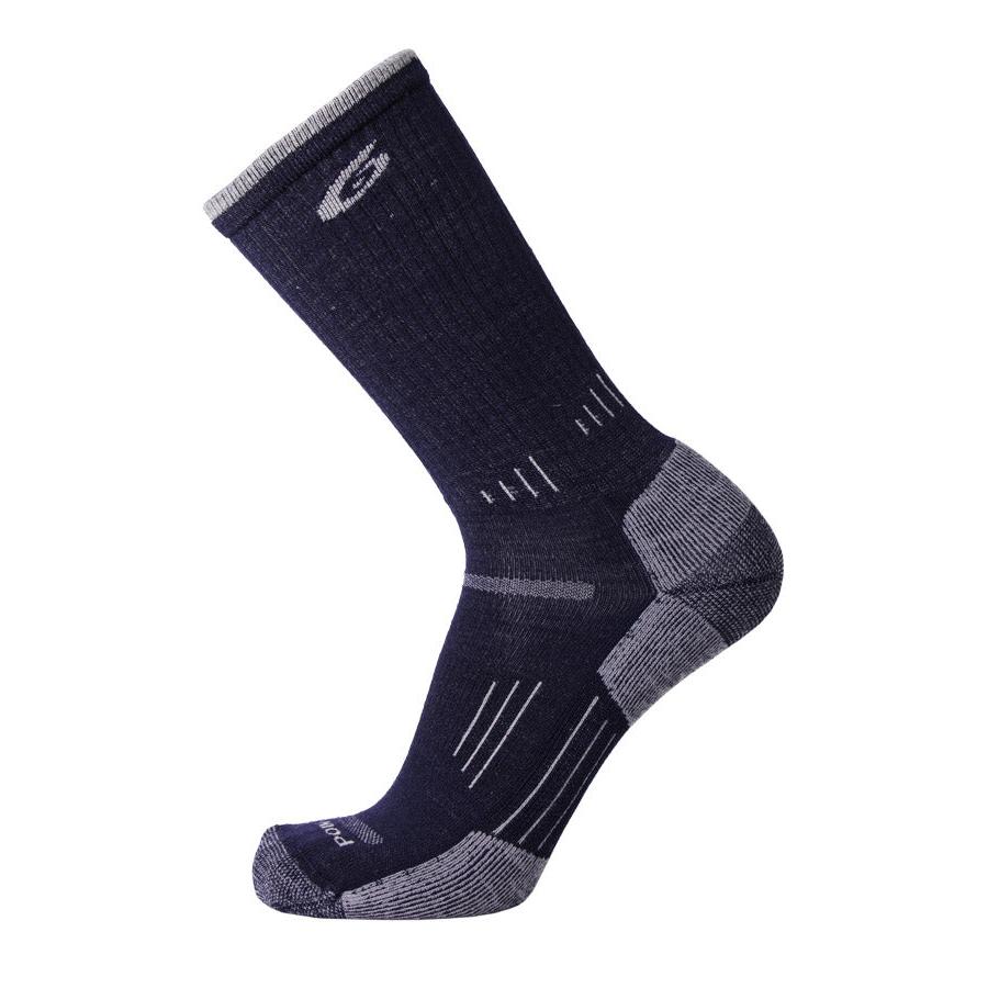 A pair of Navy merino wool cushioning crew socks designed for hiking, showing the side view with the cuff and ribbing detail.