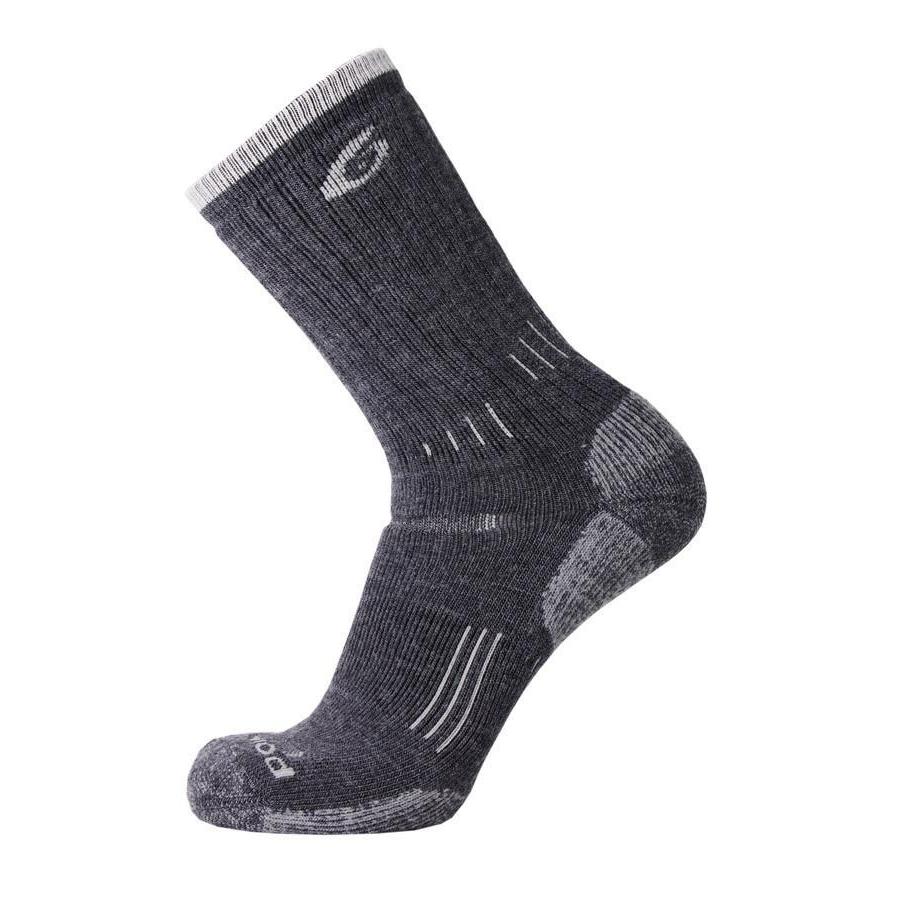 A pair of gray merino wool cushioning crew socks designed for hiking, showing the side view with the cuff and ribbing detail.