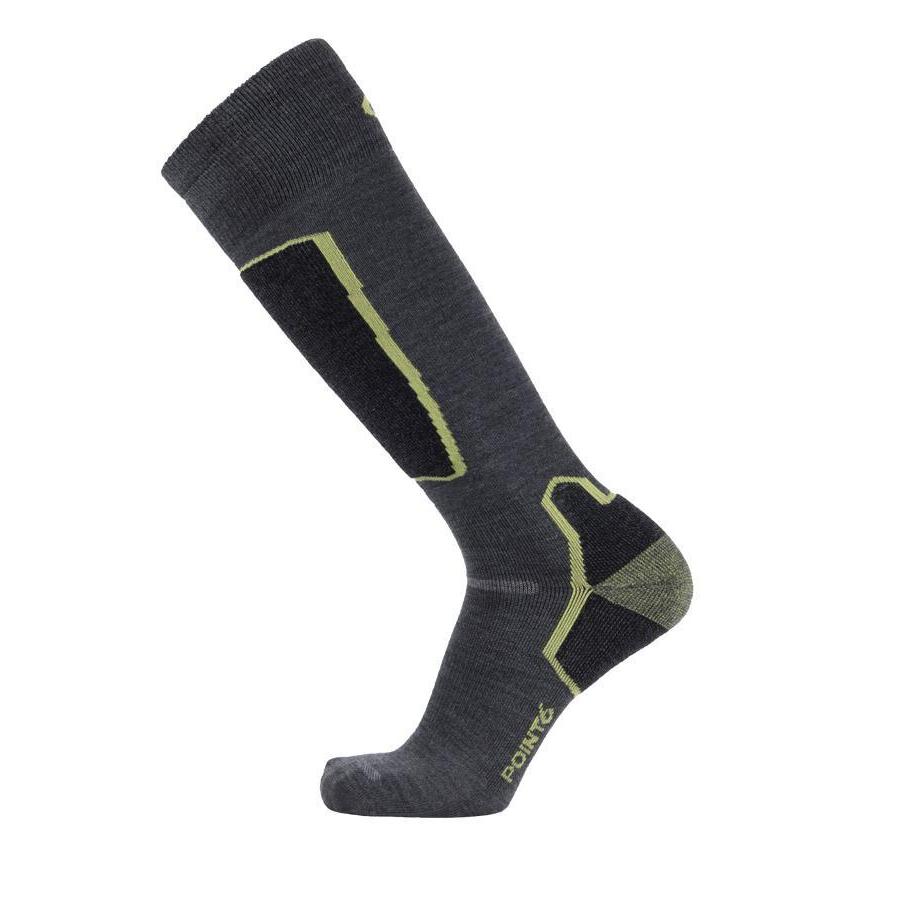 A pair of gray merino wool ski socks with green accents, designed for over the calf fit.