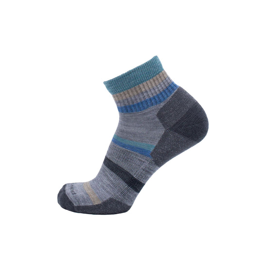 Gray ankle sock with blue accents on a white background