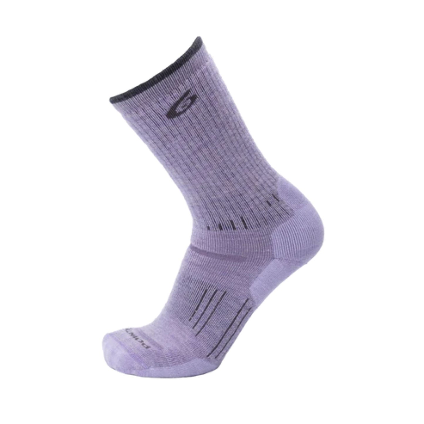 Lavender coloured sock with logo on white background