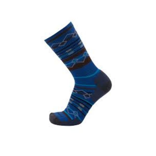 Blue and black sock with pattern on a white background