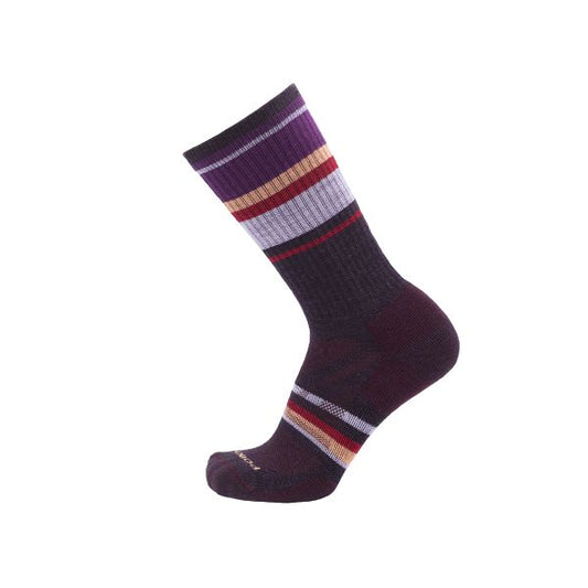 Striped sock with purple, red, and white on a white background