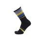 Black sock with multicolored stripes on a white background
