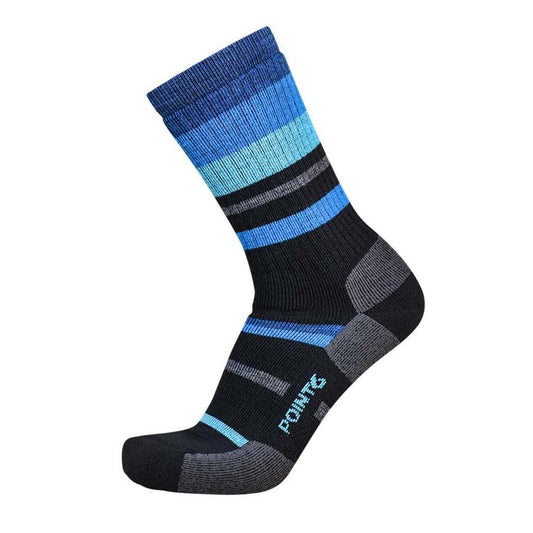 A pair of crew height, striped merino wool socks designed for hiking, featuring colors such as blue, black &, gray.