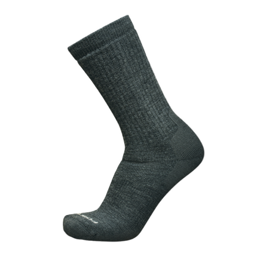 A single gray merino wool sock designed for casual wear, showing the ribbed texture and ankle height.