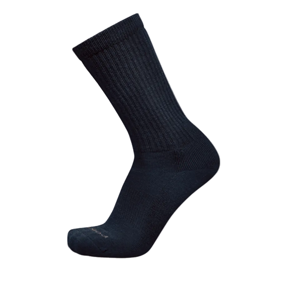 A single dark navy crew sock shown in a floating, three-quarter view against a solid white background.