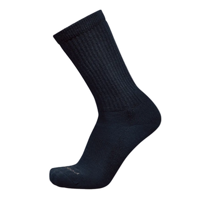 A single dark navy crew sock shown in a floating, three-quarter view against a solid white background.