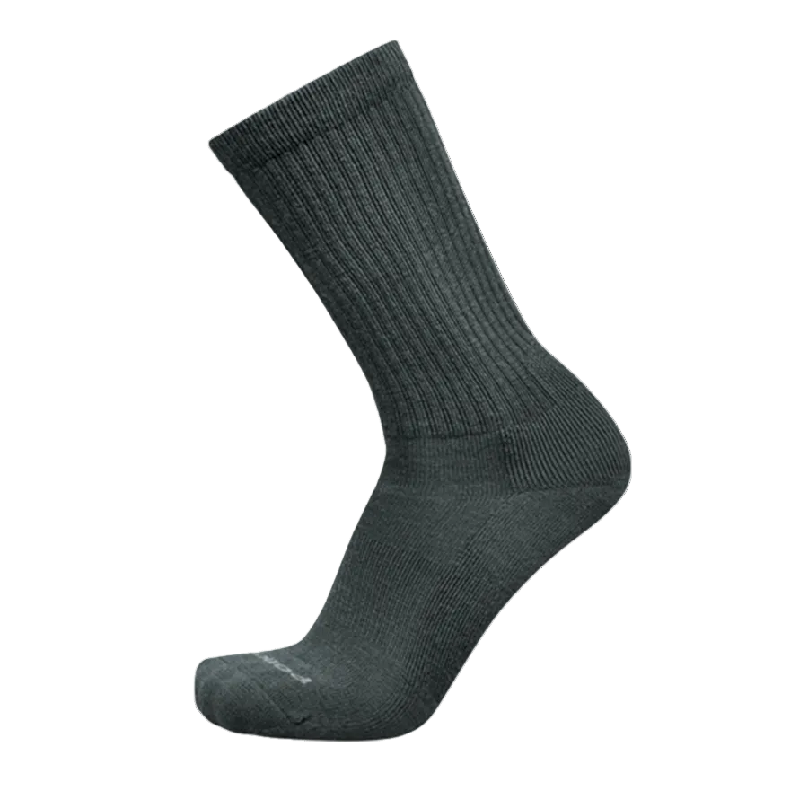 A single grey crew sock shown in a floating, three-quarter view against a solid white background.