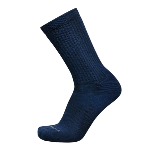 A navy blue merino wool sock with cushioning, designed to come mid-calf.