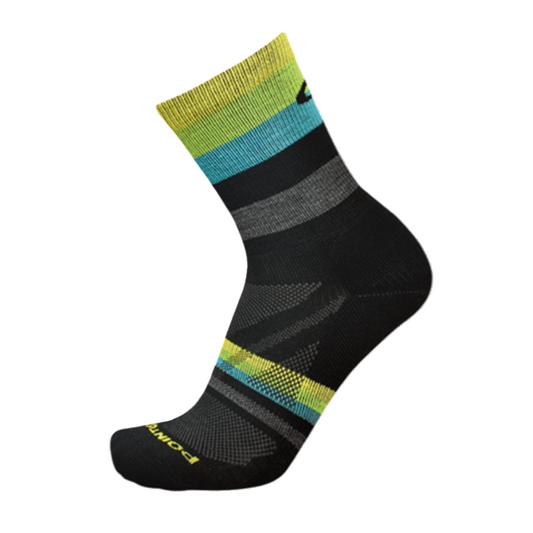 Multicolored sock with black, green, and blue stripes on a white background