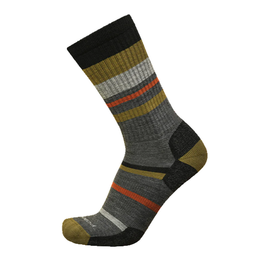 A crew height merino wool sock with mixed horizontal stripes in various colours.