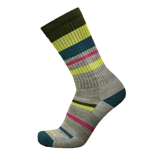 A crew height merino wool sock with mixed horizontal stripes in various colors.