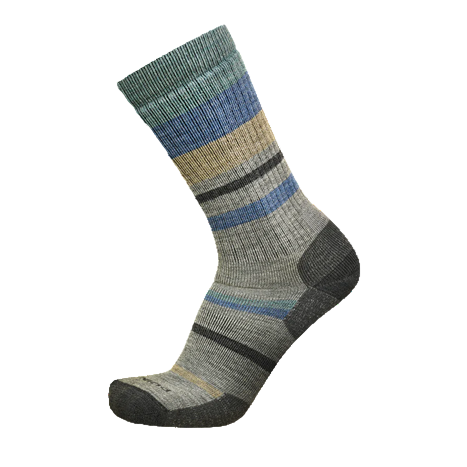 A pair of crew height, striped merino wool socks designed for hiking.