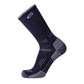 A pair of Navy merino wool cushioning crew socks designed for hiking, showing the side view with the cuff and ribbing detail.