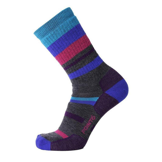 A pair of crew height, striped merino wool socks designed for hiking, featuring colors such as blue, pink, gray, and purple.