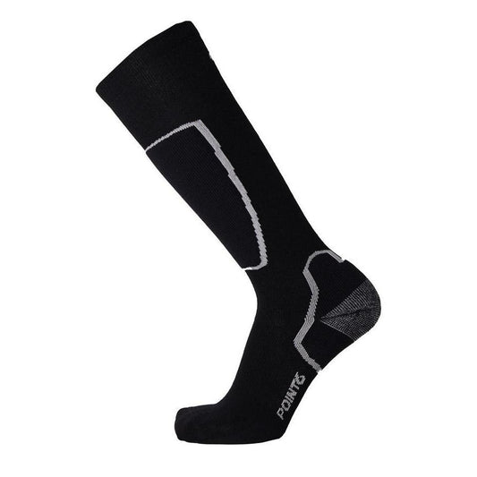 A pair of black merino wool ski socks with green accents, designed for over the calf fit.